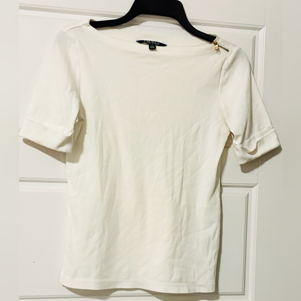 Lauren Ralph Lauren Cream Short-Sleeve Boatneck Top with Gold Accent
